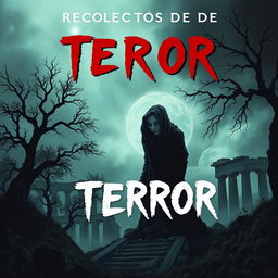 Una portada para una colección de relatos de terror, evocando un sentimiento de suspenso y oscuridad con un estilo surrealista