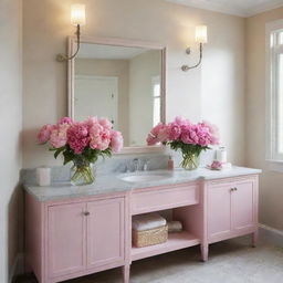 Revise the previous bathroom design to include an arrangement of blooming peonies on the vanity, adding a touch of vibrant color and fragrance