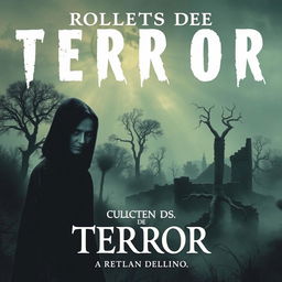 Una portada para una colección de relatos de terror, evocando un sentimiento de suspenso y oscuridad con un estilo surrealista