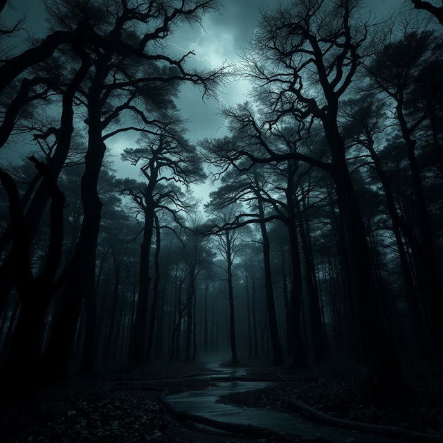 A dark and foreboding forest during a fierce storm, with towering trees that sway violently in the wind