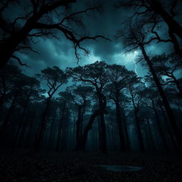 A dark and foreboding forest during a fierce storm, with towering trees that sway violently in the wind