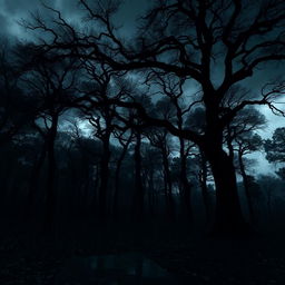 A dark and foreboding forest during a fierce storm, with towering trees that sway violently in the wind