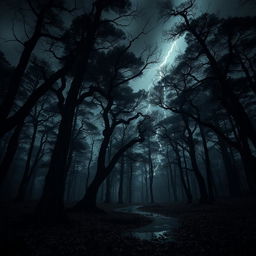 A dark and foreboding forest during a fierce storm, with towering trees that sway violently in the wind