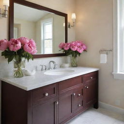 Revise the previous bathroom design to include an arrangement of blooming peonies on the vanity, adding a touch of vibrant color and fragrance