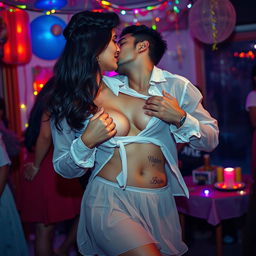A sensual portrayal of a college girl inspired by Nushrat Bharucha, dressed in a low waist short chiffon skirt and a transparent shirt at a lively house party