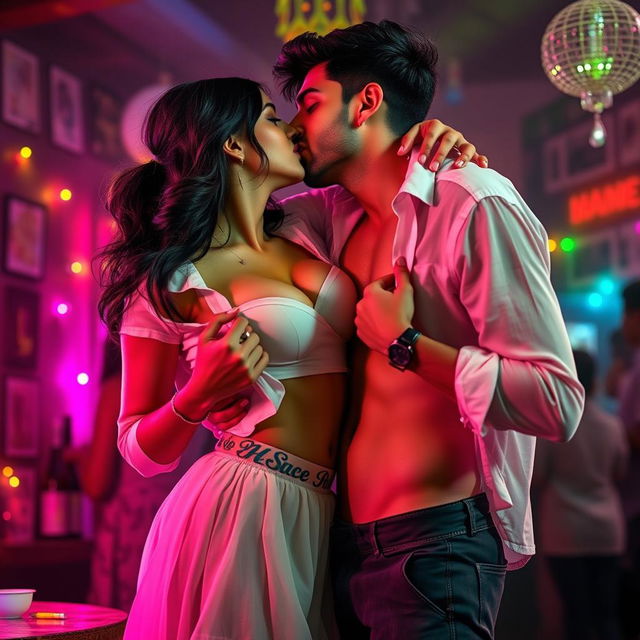 A sensual portrayal of a college girl inspired by Nushrat Bharucha, dressed in a low waist short chiffon skirt and a transparent shirt at a lively house party