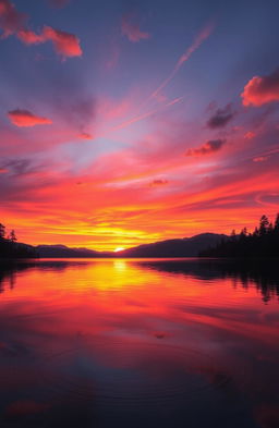 an artistic interpretation of a striking sunset over a tranquil lake, with vibrant hues of orange, pink, and purple reflecting in the water, surrounded by silhouette of pine trees and mountains in the background, a gentle breeze causing ripples in the water, and soft clouds scattered across the sky, evoking a sense of peace and serenity