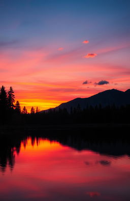 an artistic interpretation of a striking sunset over a tranquil lake, with vibrant hues of orange, pink, and purple reflecting in the water, surrounded by silhouette of pine trees and mountains in the background, a gentle breeze causing ripples in the water, and soft clouds scattered across the sky, evoking a sense of peace and serenity