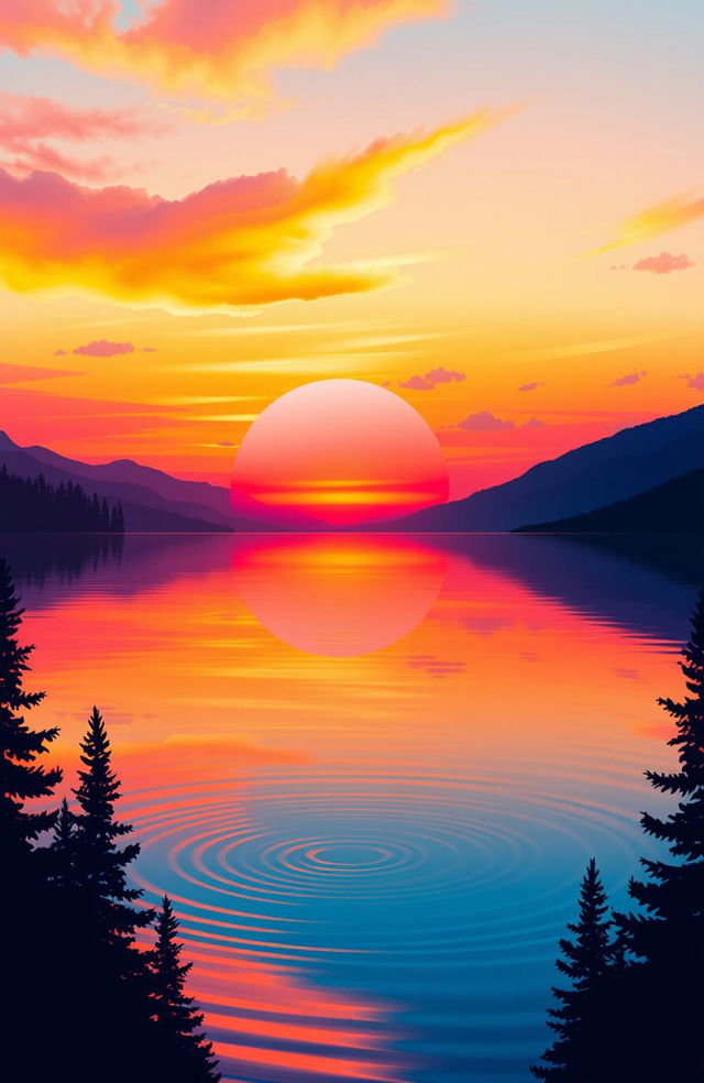 an artistic interpretation of a striking sunset over a tranquil lake, with vibrant hues of orange, pink, and purple reflecting in the water, surrounded by silhouette of pine trees and mountains in the background, a gentle breeze causing ripples in the water, and soft clouds scattered across the sky, evoking a sense of peace and serenity