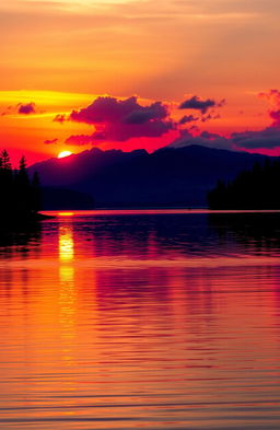 an artistic interpretation of a striking sunset over a tranquil lake, with vibrant hues of orange, pink, and purple reflecting in the water, surrounded by silhouette of pine trees and mountains in the background, a gentle breeze causing ripples in the water, and soft clouds scattered across the sky, evoking a sense of peace and serenity