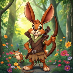 A whimsical Jackalope ranger character inspired by the classic Disney 'Robin Hood' animation style