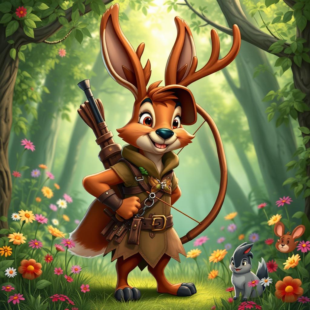 A whimsical Jackalope ranger character inspired by the classic Disney 'Robin Hood' animation style