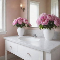 Revise the previous bathroom design to include an arrangement of blooming peonies on the vanity, adding a touch of vibrant color and fragrance