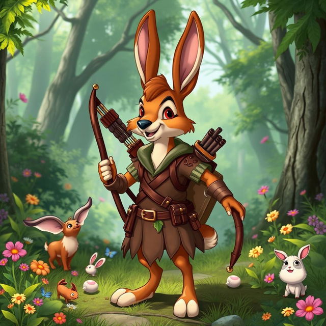 A whimsical Jackalope ranger character inspired by the classic Disney 'Robin Hood' animation style