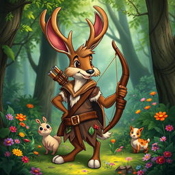 A whimsical Jackalope ranger character inspired by the classic Disney 'Robin Hood' animation style