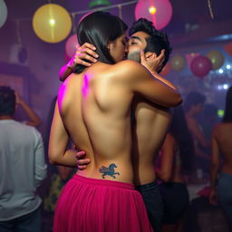 A sensual portrayal of a college girl inspired by Nushrat Bharucha, wearing a low waist short chiffon skirt at a lively house party