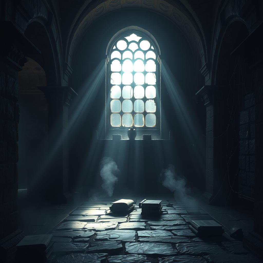 A dark and atmospheric depiction of an ancient university's sanctuary, shrouded in mystery and foreboding