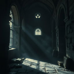 A dark and atmospheric depiction of an ancient university's sanctuary, shrouded in mystery and foreboding