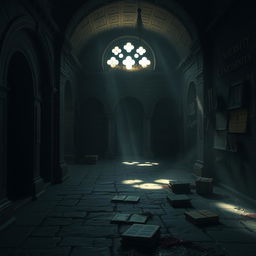 A dark and atmospheric depiction of an ancient university's sanctuary, shrouded in mystery and foreboding