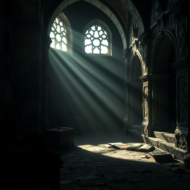 A dark and atmospheric depiction of an ancient university's sanctuary, shrouded in mystery and foreboding