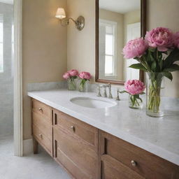 Revise the previous bathroom design to include an arrangement of blooming peonies on the vanity, adding a touch of vibrant color and fragrance