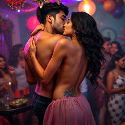 A sensual portrayal of a college girl inspired by Nushrat Bharucha, dressed in a low waist short chiffon skirt at a lively house party