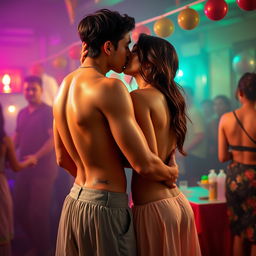 A sensual portrayal of a college girl inspired by Nushrat Bharucha, dressed in a low waist short chiffon skirt at a lively house party