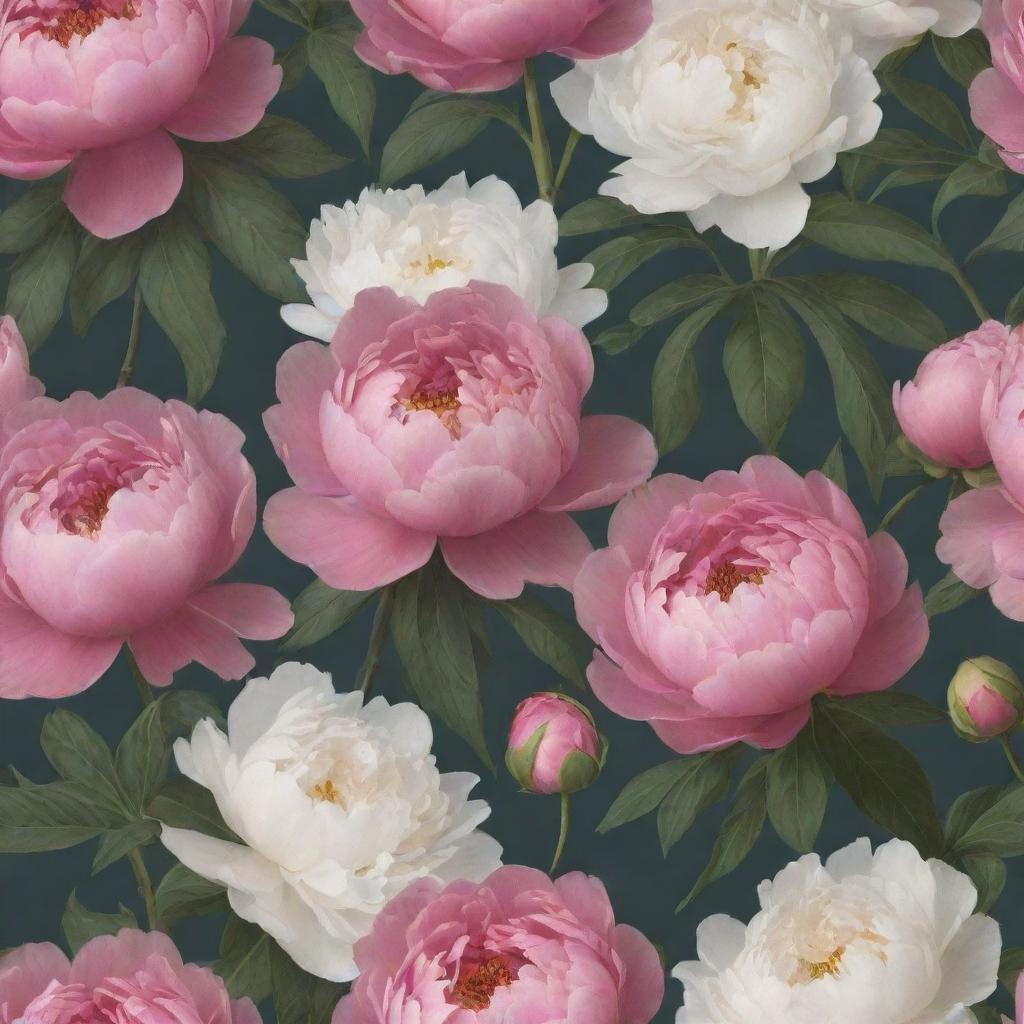 Update the previously designed floral wallpaper: Now incorporate abundant, lush peonies amongst the current flowers