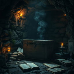 A dimly lit underground university basement, exuding a sense of foreboding and mystery