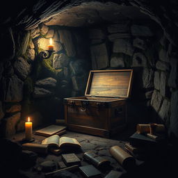 A dimly lit underground university basement, exuding a sense of foreboding and mystery