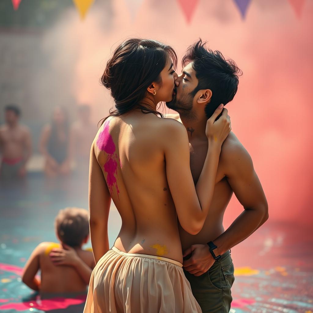 A sensual portrayal of a college girl inspired by Nushrat Bharucha, wearing a low waist short chiffon skirt, enjoying a vibrant Holi party at a pool