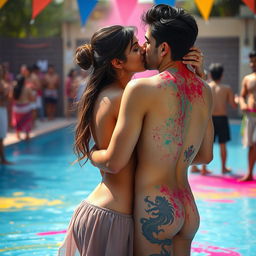 A sensual portrayal of a college girl inspired by Nushrat Bharucha, wearing a low waist short chiffon skirt, enjoying a vibrant Holi party at a pool