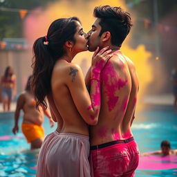 A sensual portrayal of a college girl inspired by Nushrat Bharucha, wearing a low waist short chiffon skirt, enjoying a vibrant Holi party at a pool