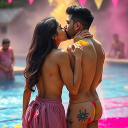 A sensual portrayal of a college girl inspired by Nushrat Bharucha, wearing a low waist short chiffon skirt, enjoying a vibrant Holi party at a pool