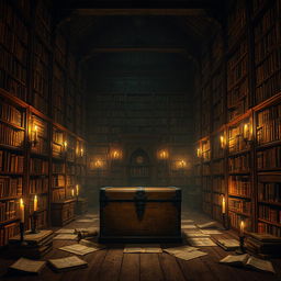 A dimly lit library filled with towering bookshelves, each lined with dusty, ancient books that tell the stories of the past