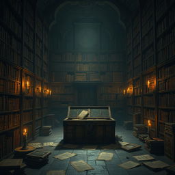 A dimly lit library filled with towering bookshelves, each lined with dusty, ancient books that tell the stories of the past