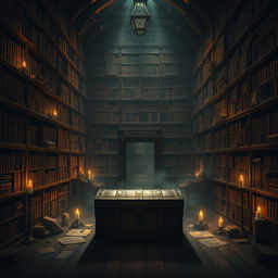 A dimly lit library filled with towering bookshelves, each lined with dusty, ancient books that tell the stories of the past