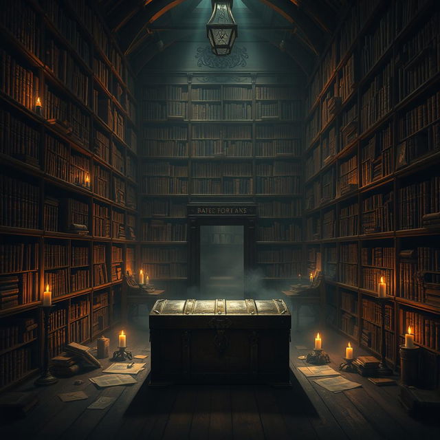 A dimly lit library filled with towering bookshelves, each lined with dusty, ancient books that tell the stories of the past