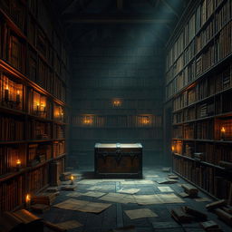 A dimly lit library filled with towering bookshelves, each lined with dusty, ancient books that tell the stories of the past