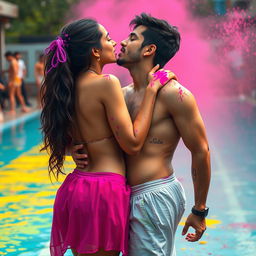 A sensual portrayal of a college girl inspired by Nushrat Bharucha, wearing a low waist short chiffon skirt at a lively Holi party by a pool