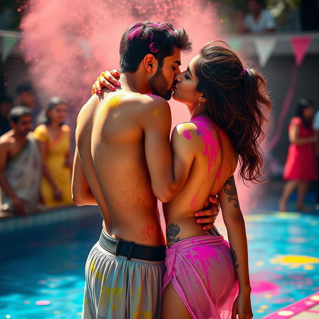 A sensual portrayal of a college girl inspired by Nushrat Bharucha, wearing a low waist short chiffon skirt at a lively Holi party by a pool