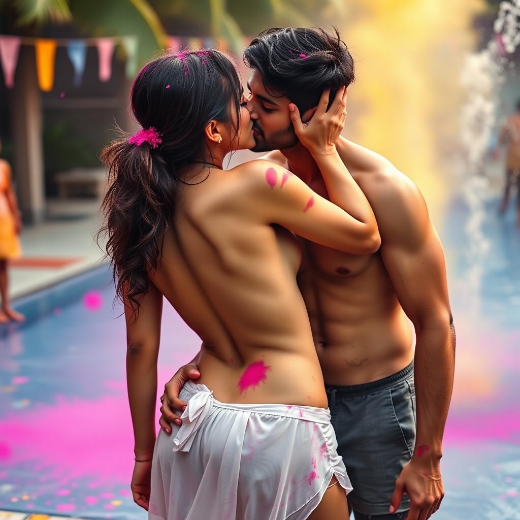 A sensual portrayal of a college girl inspired by Nushrat Bharucha, wearing a low waist short chiffon skirt at a lively Holi party by a pool