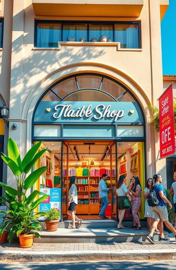 A vibrant, eye-catching cover design for a physical shop, featuring a beautifully arranged storefront with large glass windows displaying an inviting interior filled with colorful merchandise