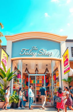 A vibrant, eye-catching cover design for a physical shop, featuring a beautifully arranged storefront with large glass windows displaying an inviting interior filled with colorful merchandise