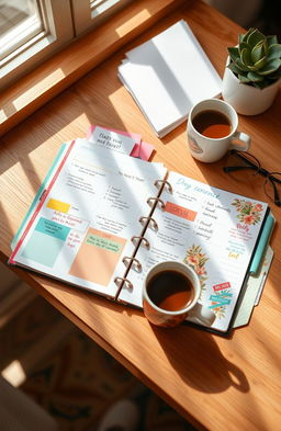 A beautifully organized planner open on a wooden desk, featuring colorful stationery, neatly written notes in different sections, and motivational quotes