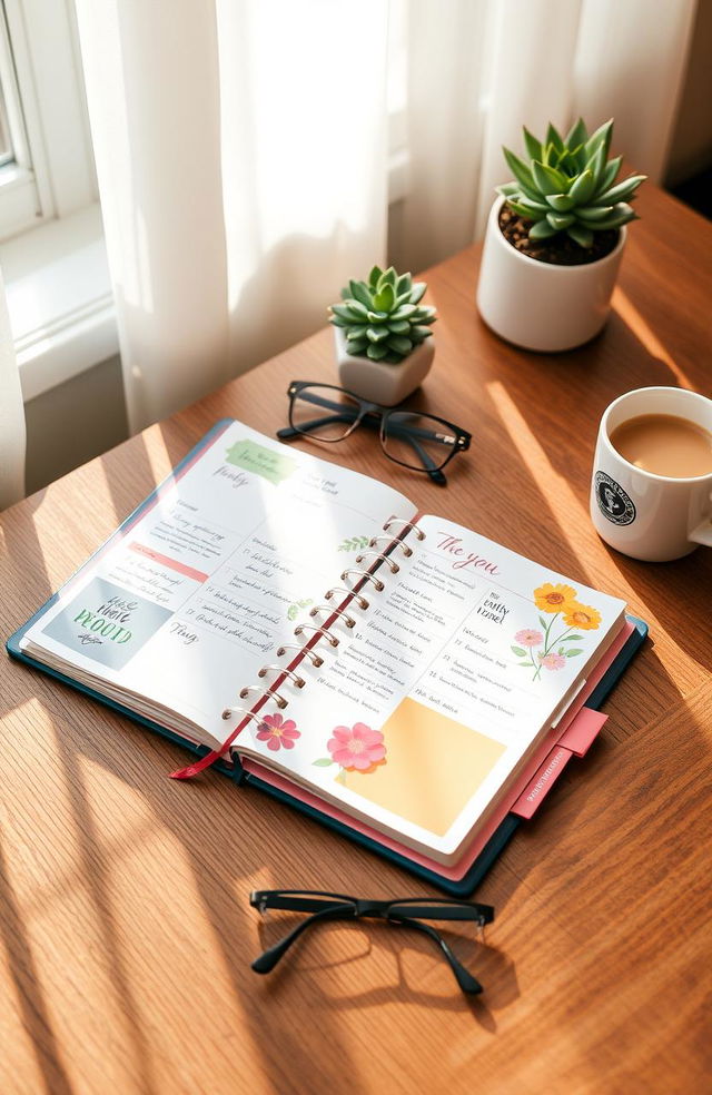 A beautifully organized planner open on a wooden desk, featuring colorful stationery, neatly written notes in different sections, and motivational quotes