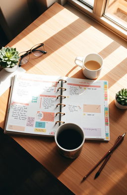 A beautifully organized planner open on a wooden desk, featuring colorful stationery, neatly written notes in different sections, and motivational quotes