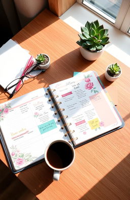A beautifully organized planner open on a wooden desk, featuring colorful stationery, neatly written notes in different sections, and motivational quotes