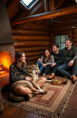 A cozy cabin scene featuring a group of five friends relaxing together on the wooden floor by a warm fireplace