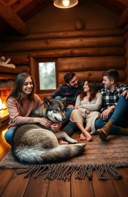 A cozy cabin scene featuring a group of five friends relaxing together on the wooden floor by a warm fireplace